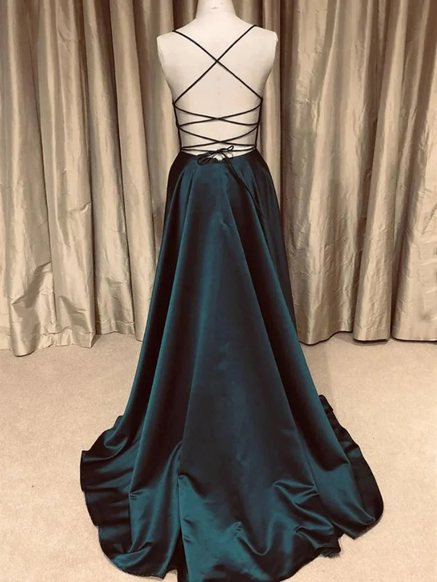A Line V Neck Backless Long Prom Dresses Simple Dark Green Formal Evening Gowns - Image 2