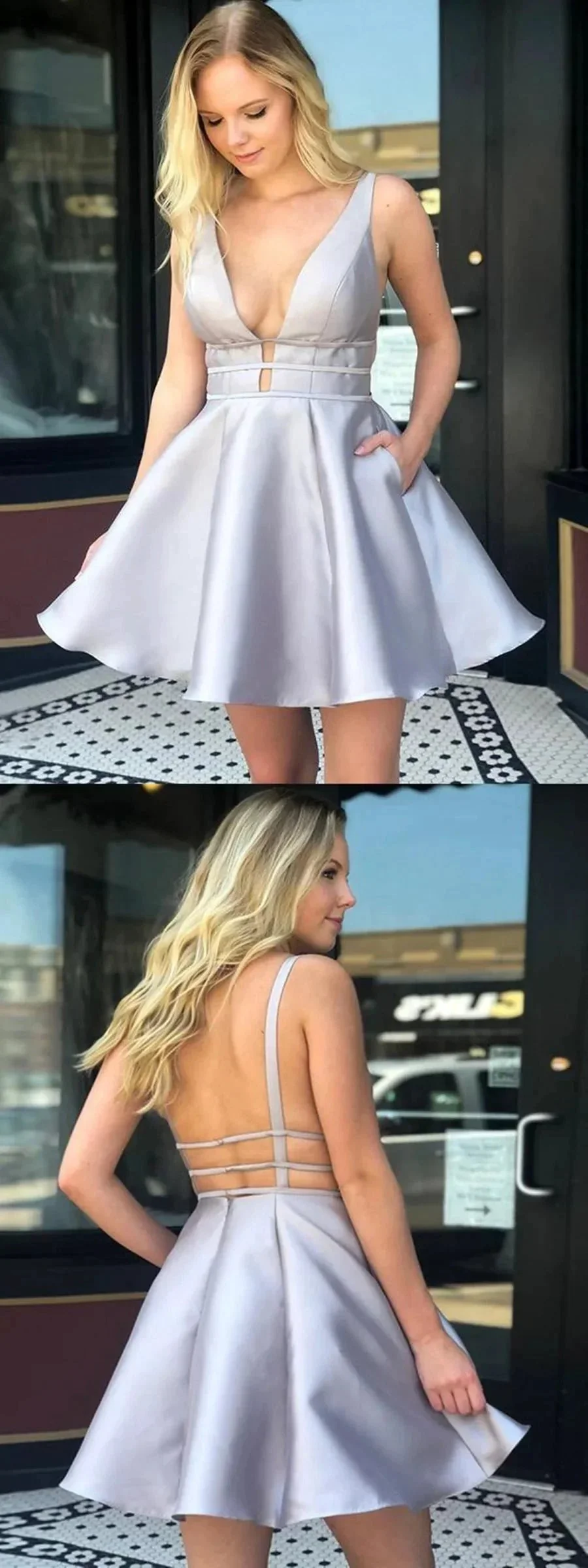 A Line V Neck Backless Short Prom Homecoming Satin Formal Graduation Prom Dresses with Pockets - Image 3