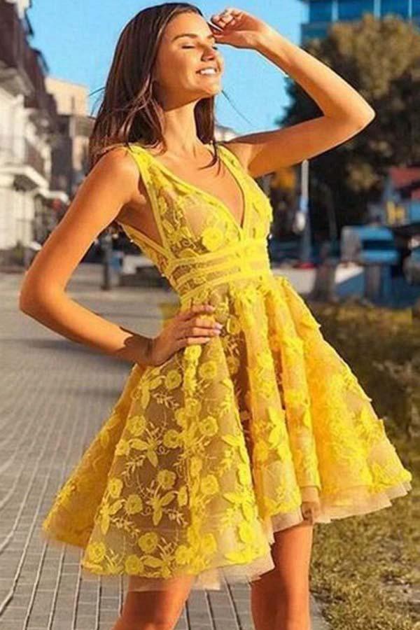A-line V-neck Sleeveless Short Yellow Homecoming Dress PD381 - Image 2