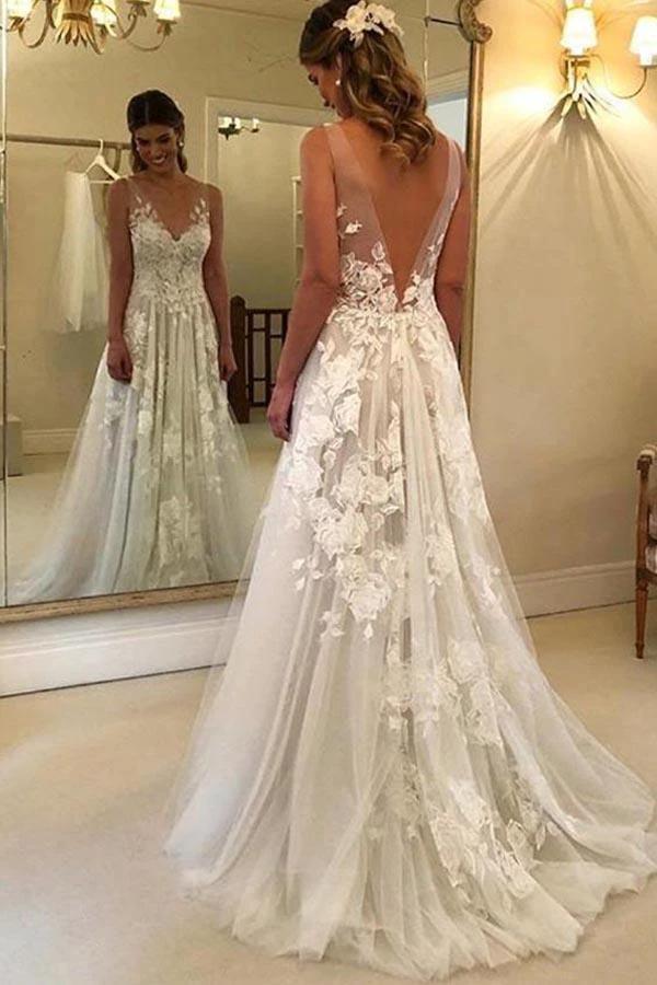 A-Line V-neck Backless Sweep Train Wedding Dress with Appliques WD394 - Image 2