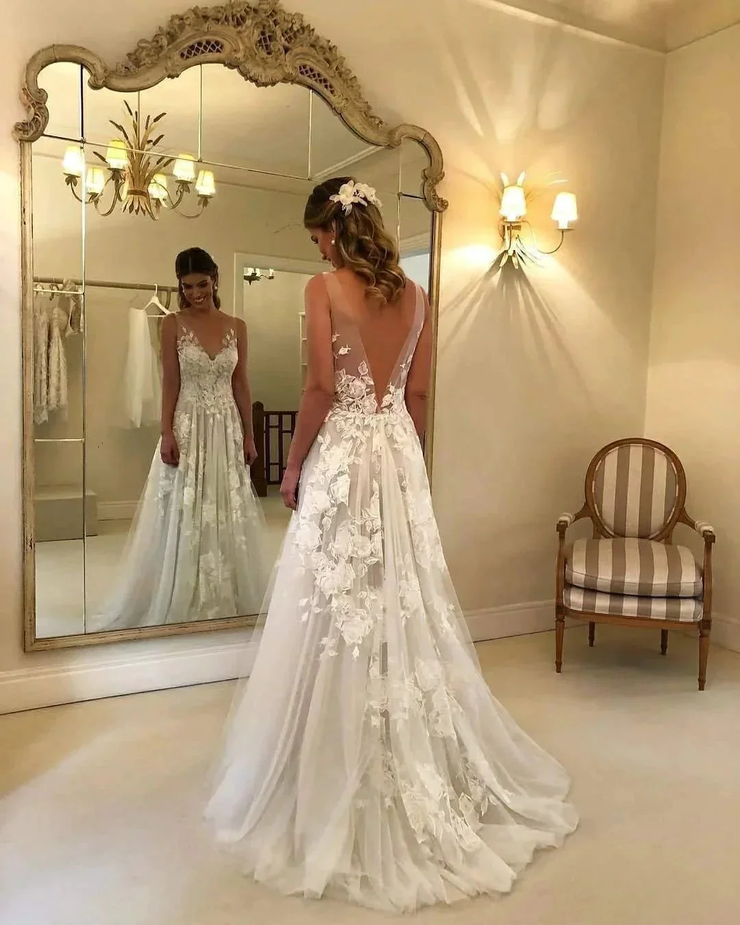 A-Line V-neck Backless Sweep Train Wedding Dress with Appliques WD394 - Image 3