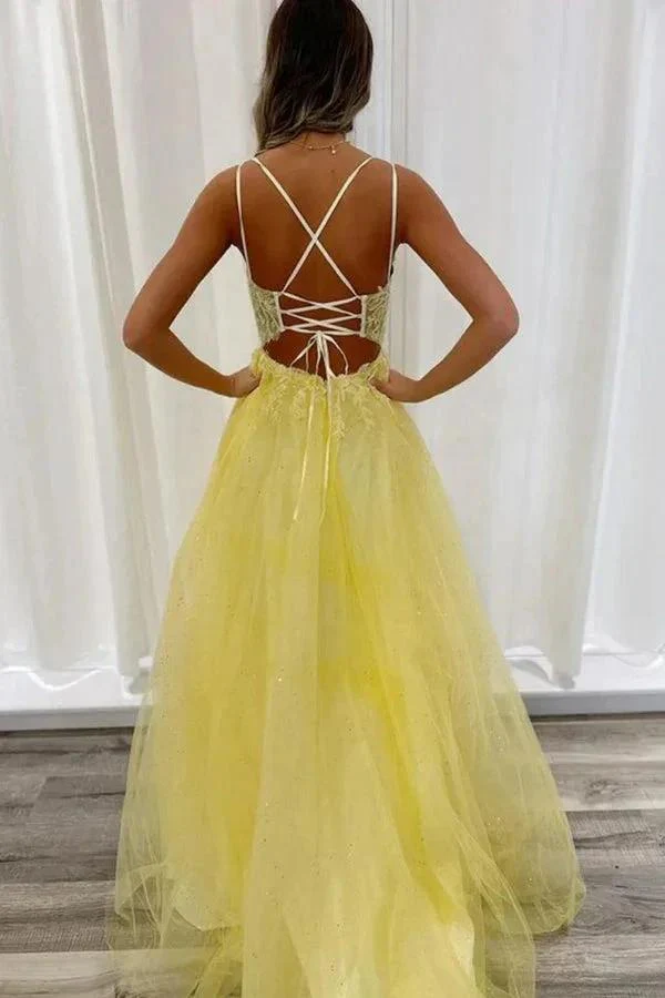 A Line V Neck Backless Yellow Lace Long Prom Dresses PSK552 - Image 2
