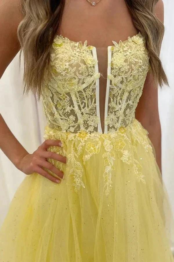A Line V Neck Backless Yellow Lace Long Prom Dresses PSK552 - Image 3