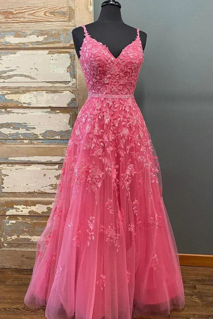 A Line V Neck Beaded Hot Pink Lace Long Prom Dress, Hot Pink Lace Formal Graduation Evening Dress Y216
