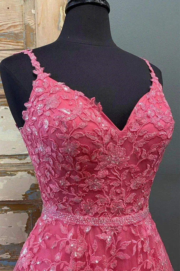 A Line V Neck Beaded Hot Pink Lace Long Prom Dress, Hot Pink Lace Formal Graduation Evening Dress Y216 - Image 2