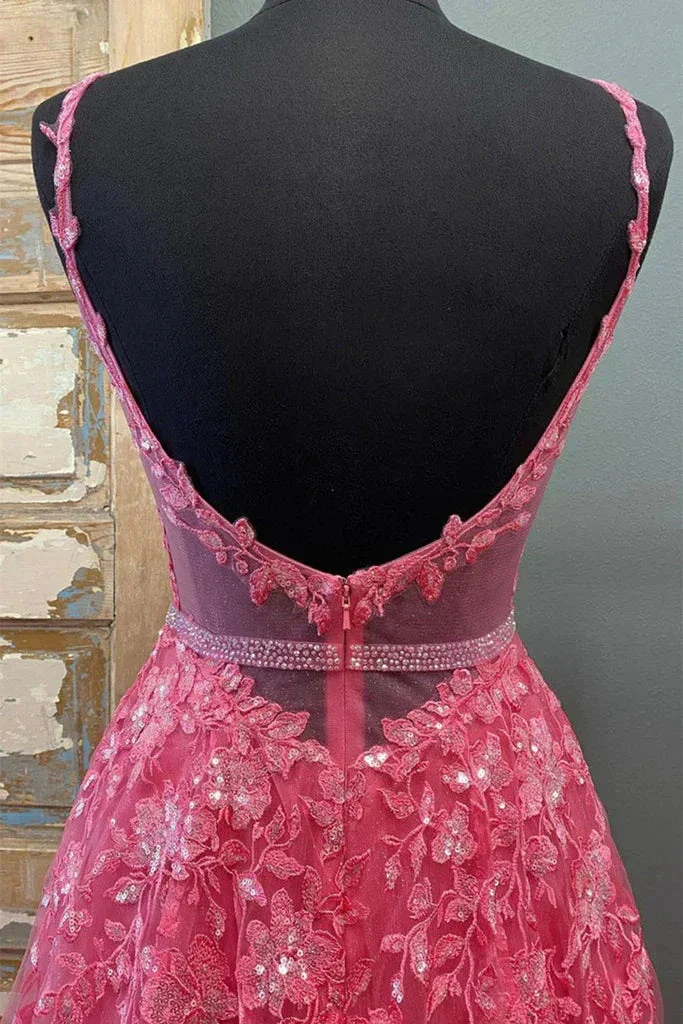 A Line V Neck Beaded Hot Pink Lace Long Prom Dress, Hot Pink Lace Formal Graduation Evening Dress Y216 - Image 3