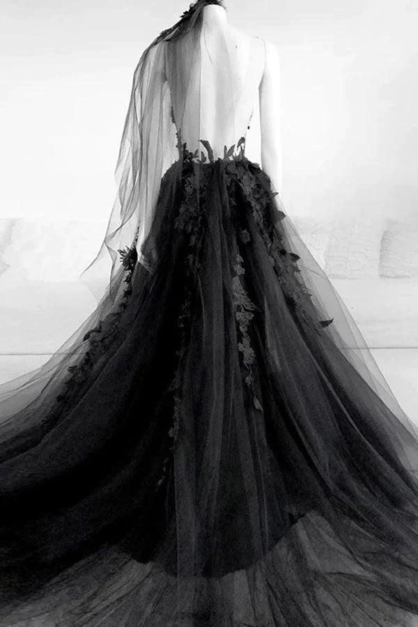 A-line V Neck Black Long Prom Dress Floral Evening Dress PSK431 - Image 2