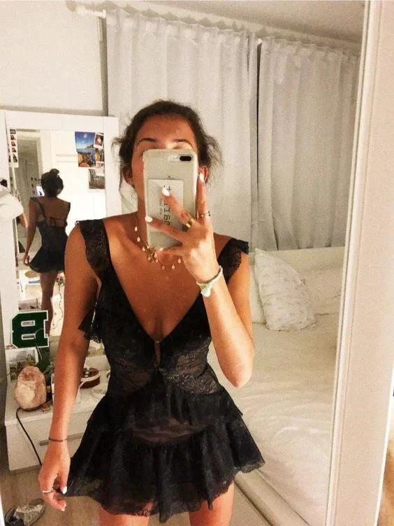 A-line V Neck Black Lace Homecoming Dress Sleeveless Party Dress Y418 - Image 2