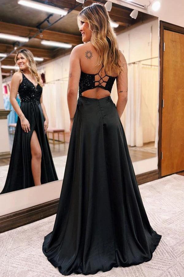 A-Line V-Neck Black Long Prom Dress With Pockets PSK399 - Image 3