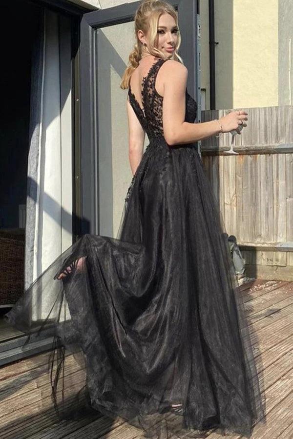 A Line V Neck Black Tulle Prom Dress Black Formal Dress PSK370 - Image 3