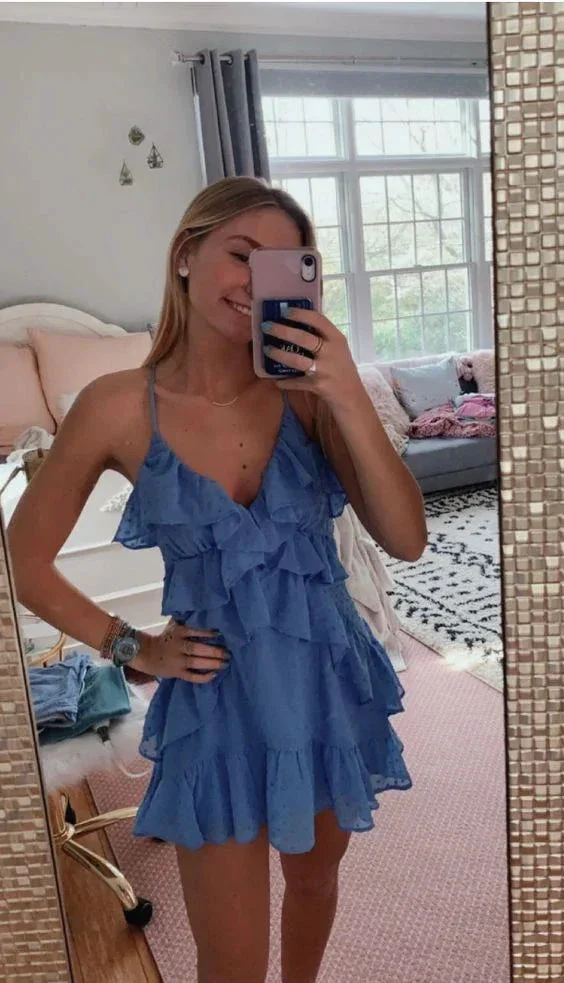 A-line V Neck Blue Short Homecoming Dress Lovely Homecoming Dress Y451 - Image 2