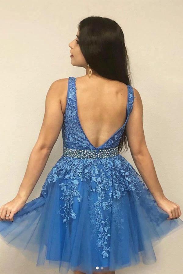 A Line V Neck Blue Short Prom Dress Homecoming Dress with Appliques PD423 - Image 2