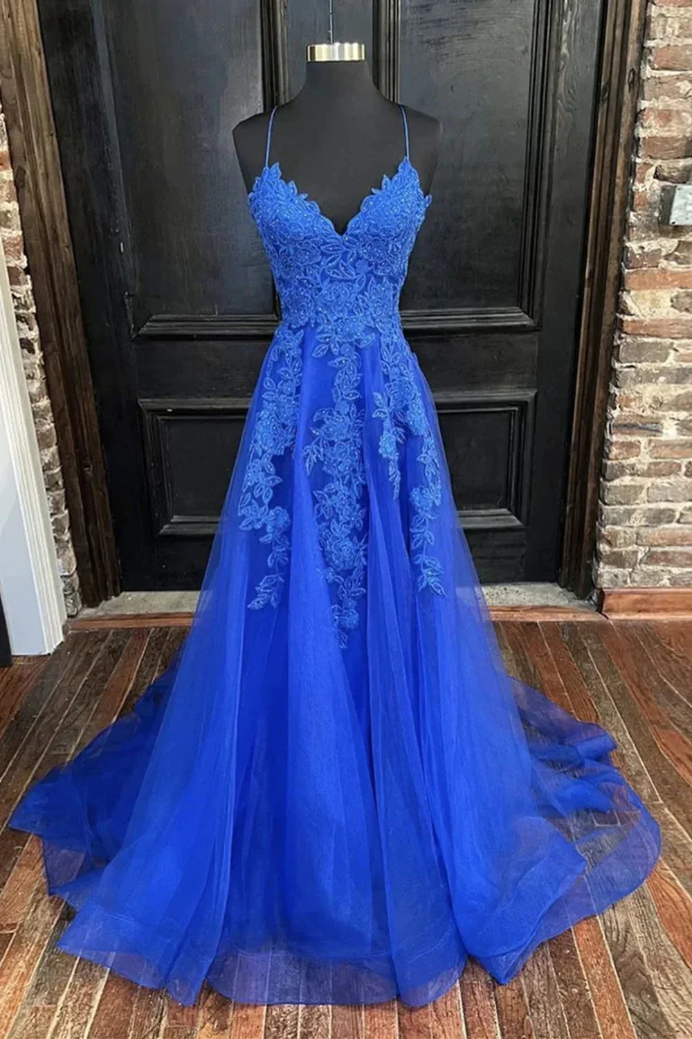 A Line V Neck Blue Tulle Lace Long Prom Dresses, V Neck Blue Formal Dresses, Blue Lace Evening Dresses Y1268 - Image 2