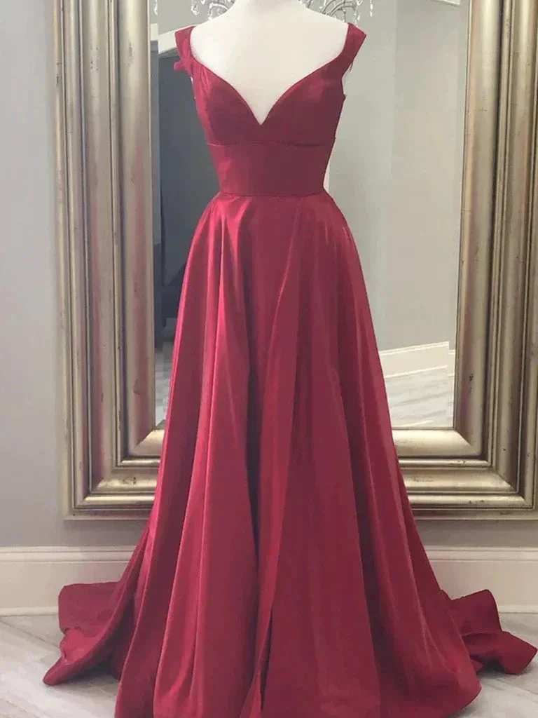 A Line V Neck Burgundy Long Prom Dresses, Off the Shoulder Burgundy Formal Evening Dresses Y246 - Image 2
