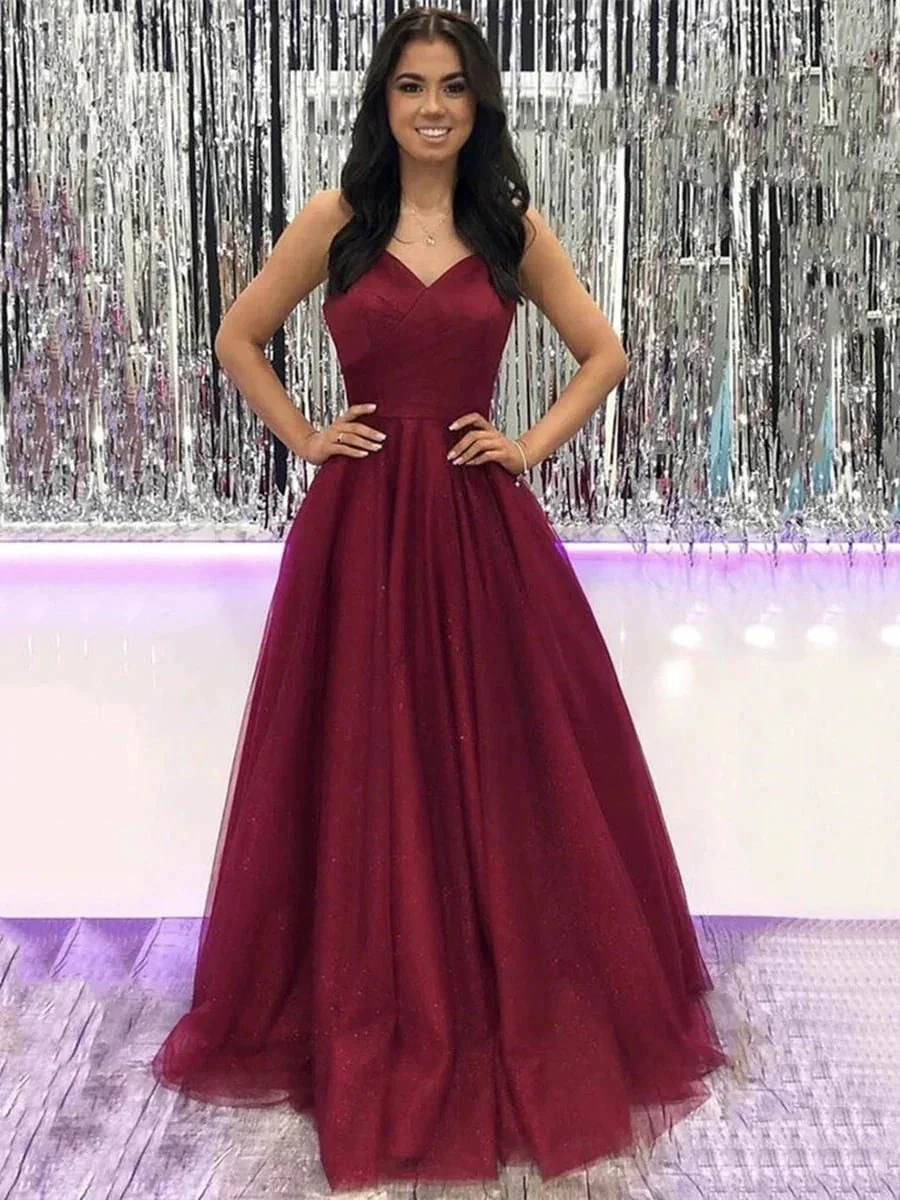 A-line V Neck Burgundy Tulle Long Prom Dresses Burgundy Formal Evening Gowns - Image 2