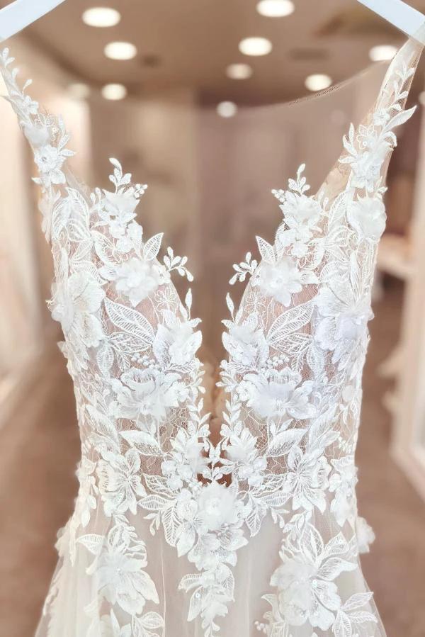 A-Line V-neck Chiffon Lace Open Back Long Wedding Dresses With Split - Image 2