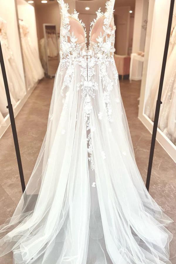 A-Line V-neck Chiffon Lace Open Back Long Wedding Dresses With Split - Image 3