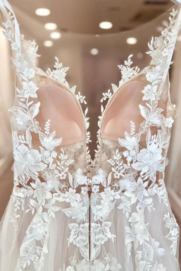 A-Line V-neck Chiffon Lace Open Back Long Wedding Dresses With Split - Image 4