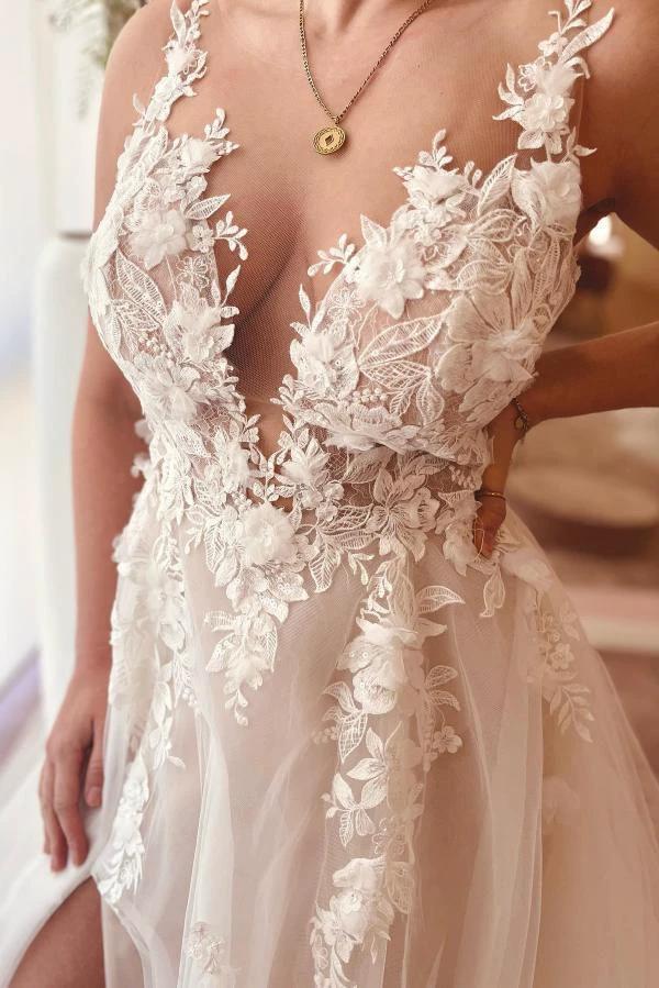 A-Line V-neck Chiffon Lace Open Back Long Wedding Dresses With Split - Image 6