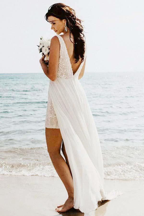 A-Line V-Neck Detachable Train Long Beach Wedding/Bridal Dress WD264 - Image 2