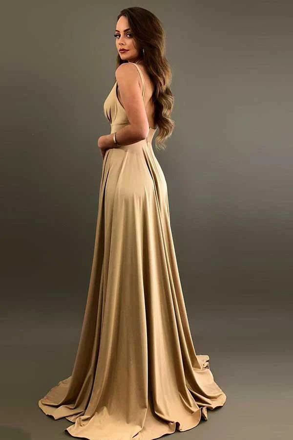 A-Line V-Neck  Elastic Satin Bridesmaid Dress with Split BD055 - Image 2