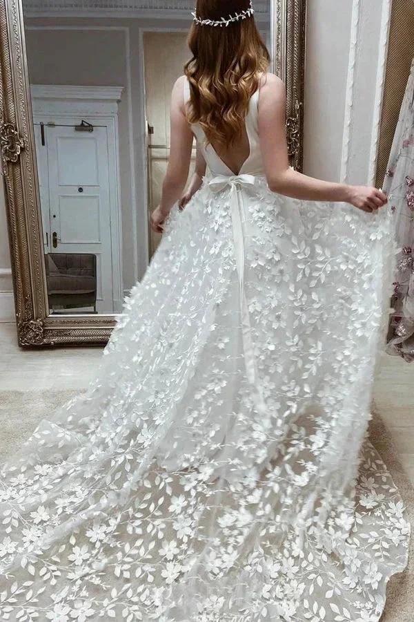 A-line V Neck Elegant Floral Lace Wedding Dresses WD697 - Image 2