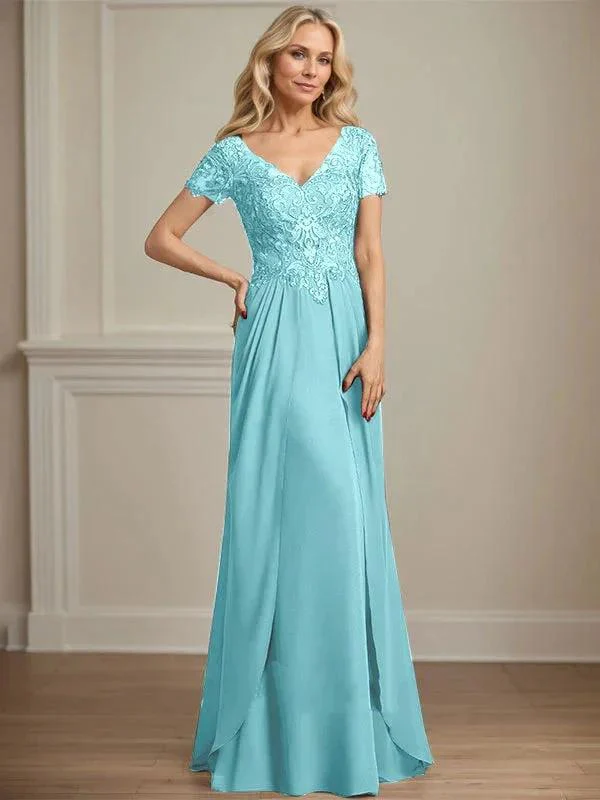 A-line V-Neck Floor-Length Chiffon Lace Mother of the Bride Dress - Image 14