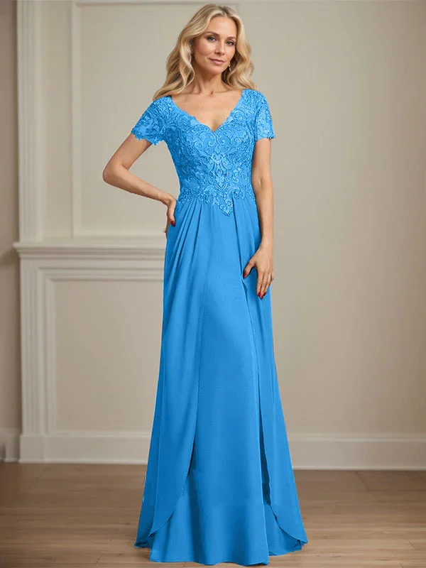 A-line V-Neck Floor-Length Chiffon Lace Mother of the Bride Dress - Image 16
