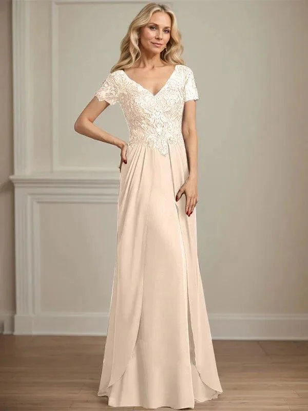 A-line V-Neck Floor-Length Chiffon Lace Mother of the Bride Dress - Image 17