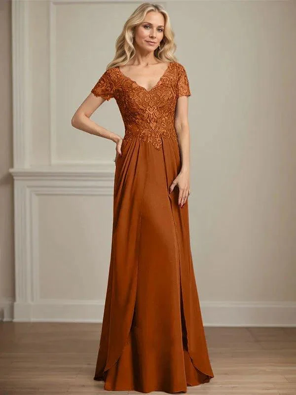 A-line V-Neck Floor-Length Chiffon Lace Mother of the Bride Dress - Image 18