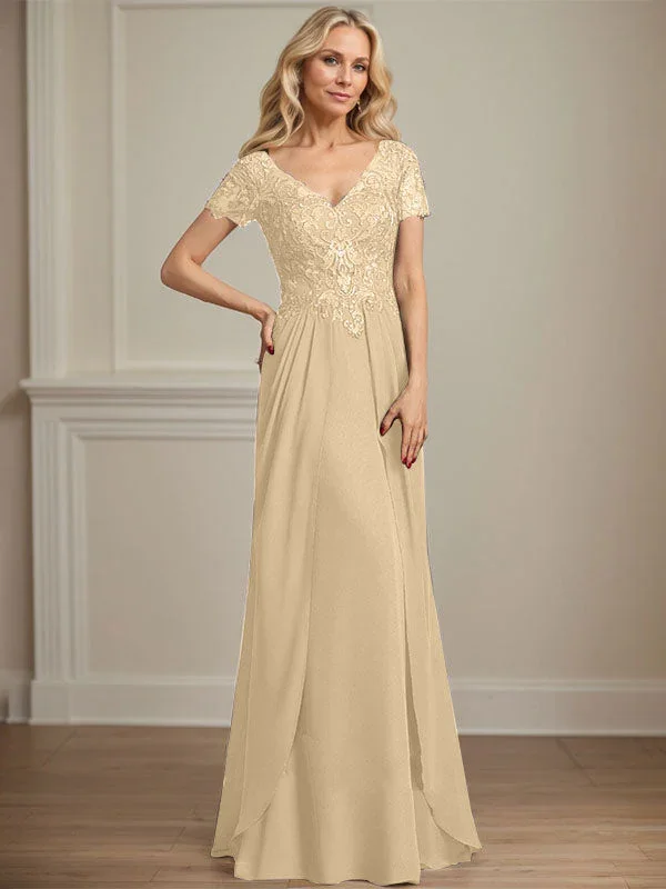 A-line V-Neck Floor-Length Chiffon Lace Mother of the Bride Dress - Image 19