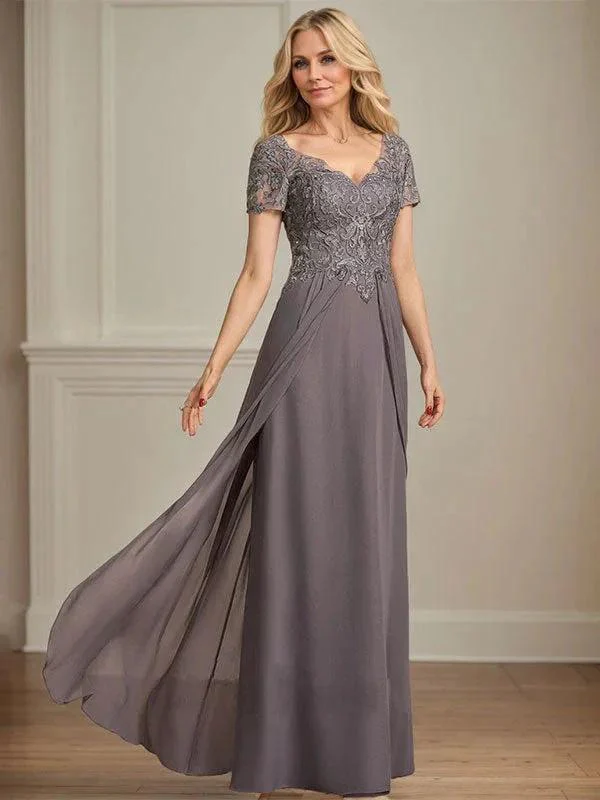 A-line V-Neck Floor-Length Chiffon Lace Mother of the Bride Dress - Image 2