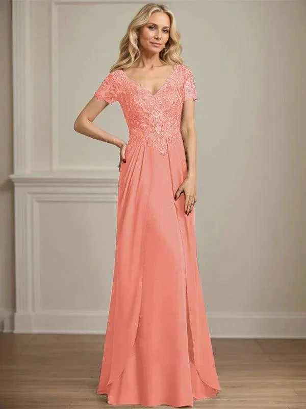 A-line V-Neck Floor-Length Chiffon Lace Mother of the Bride Dress - Image 21