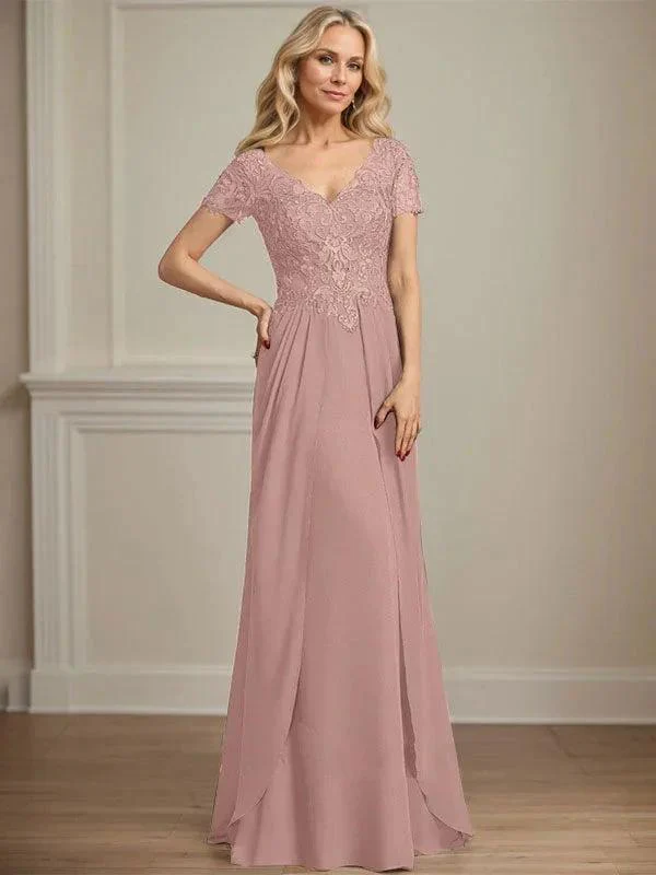 A-line V-Neck Floor-Length Chiffon Lace Mother of the Bride Dress - Image 22