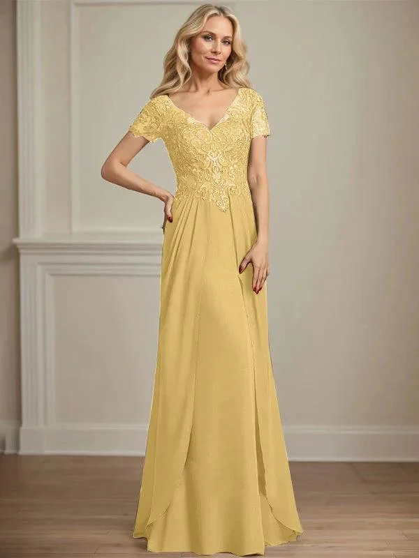 A-line V-Neck Floor-Length Chiffon Lace Mother of the Bride Dress - Image 23