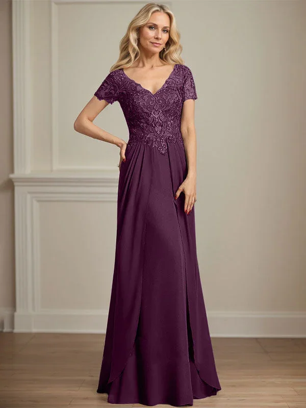A-line V-Neck Floor-Length Chiffon Lace Mother of the Bride Dress - Image 24