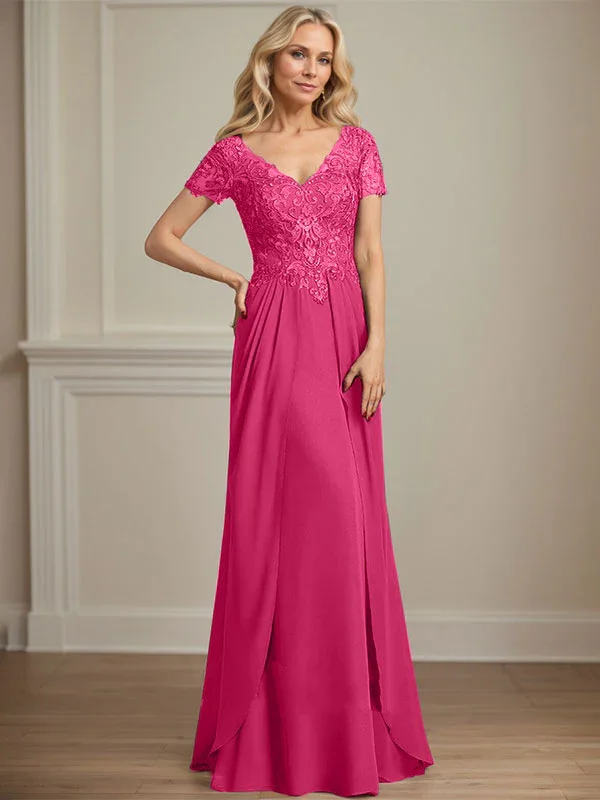 A-line V-Neck Floor-Length Chiffon Lace Mother of the Bride Dress - Image 25