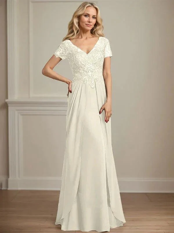 A-line V-Neck Floor-Length Chiffon Lace Mother of the Bride Dress - Image 26