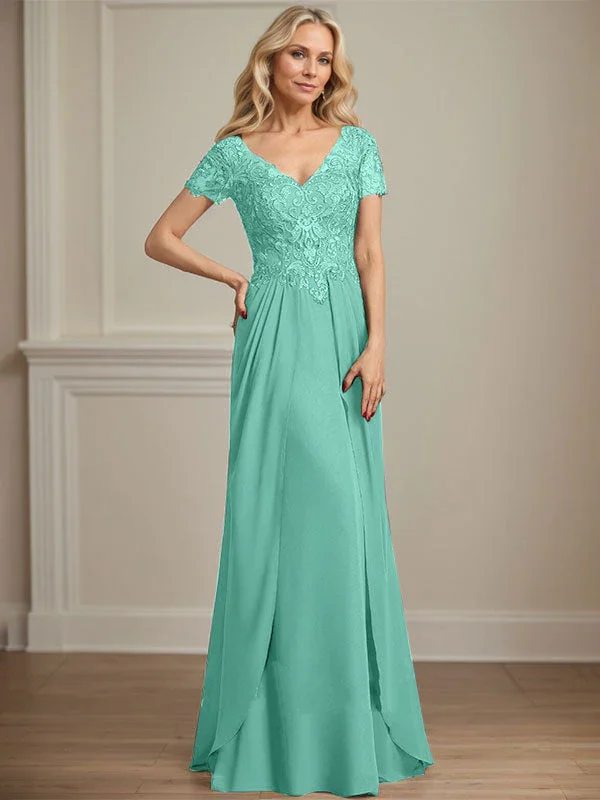 A-line V-Neck Floor-Length Chiffon Lace Mother of the Bride Dress - Image 27