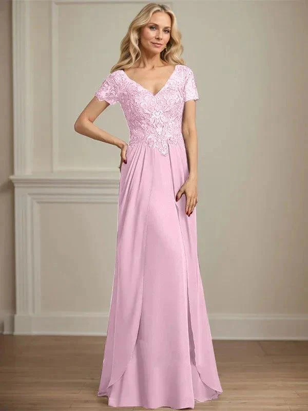 A-line V-Neck Floor-Length Chiffon Lace Mother of the Bride Dress - Image 30