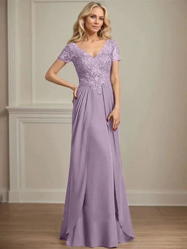 A-line V-Neck Floor-Length Chiffon Lace Mother of the Bride Dress - Image 31