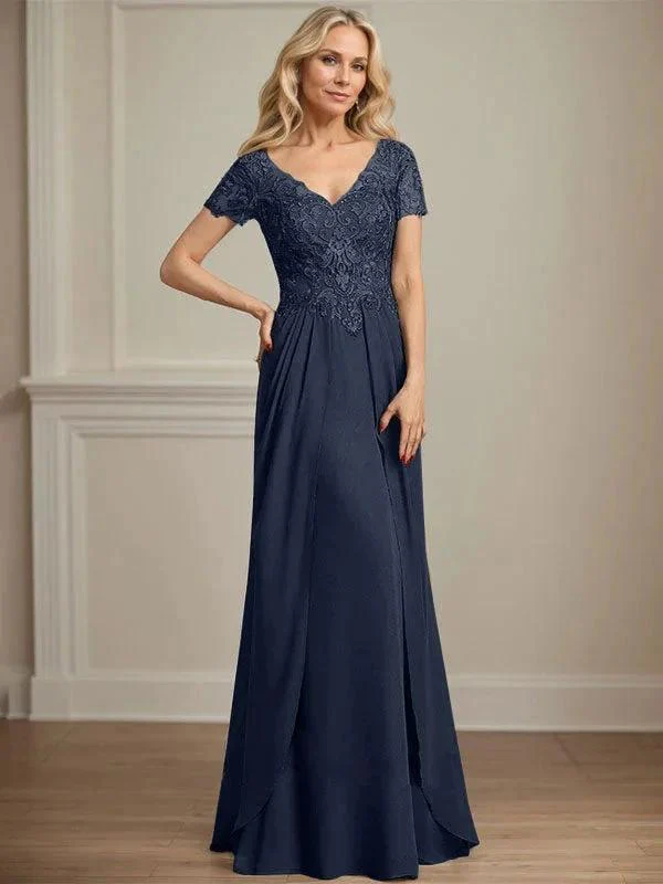 A-line V-Neck Floor-Length Chiffon Lace Mother of the Bride Dress - Image 32