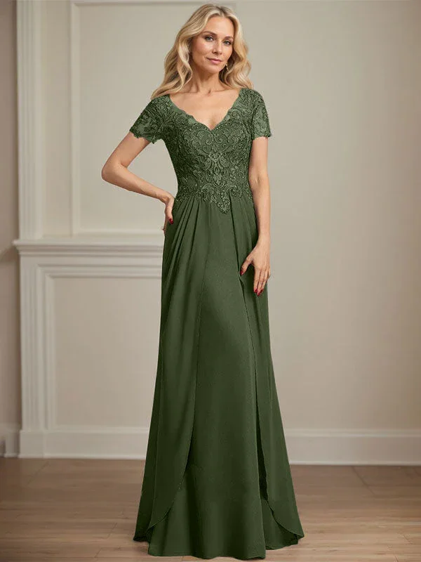 A-line V-Neck Floor-Length Chiffon Lace Mother of the Bride Dress - Image 33