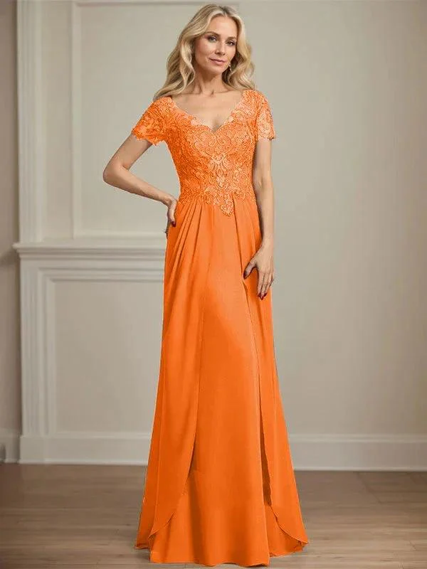A-line V-Neck Floor-Length Chiffon Lace Mother of the Bride Dress - Image 34