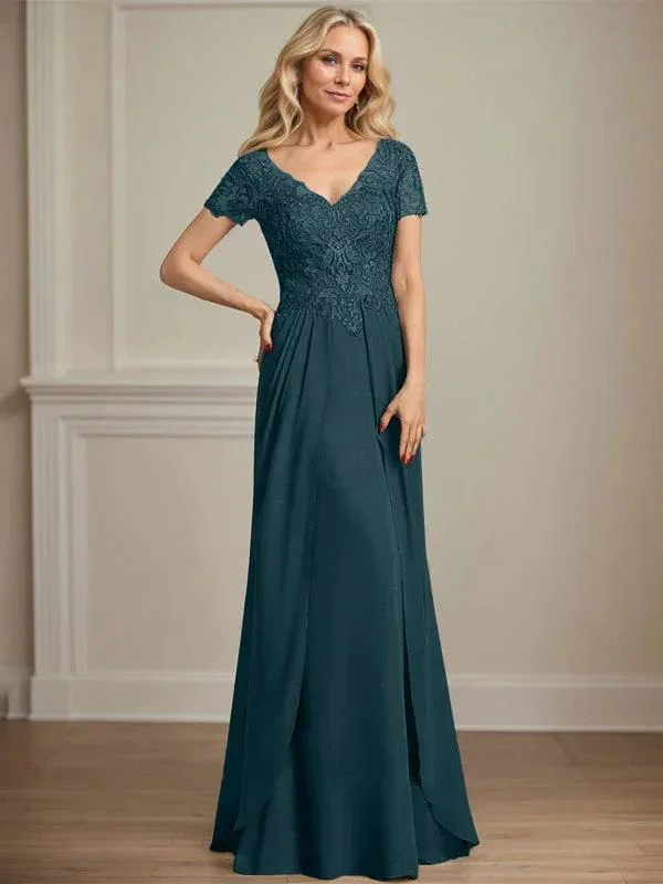 A-line V-Neck Floor-Length Chiffon Lace Mother of the Bride Dress - Image 35
