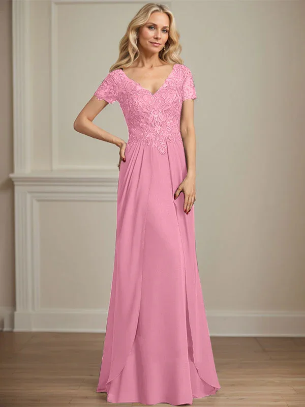 A-line V-Neck Floor-Length Chiffon Lace Mother of the Bride Dress - Image 36