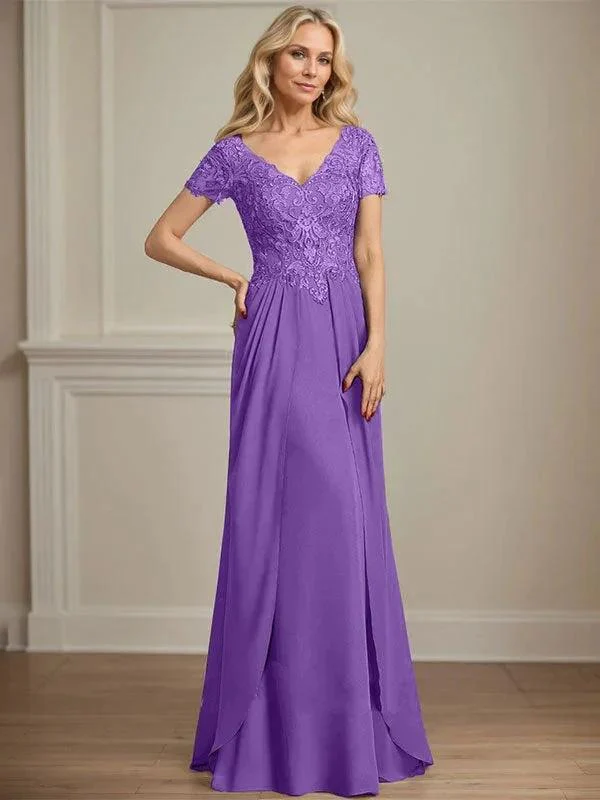 A-line V-Neck Floor-Length Chiffon Lace Mother of the Bride Dress - Image 37