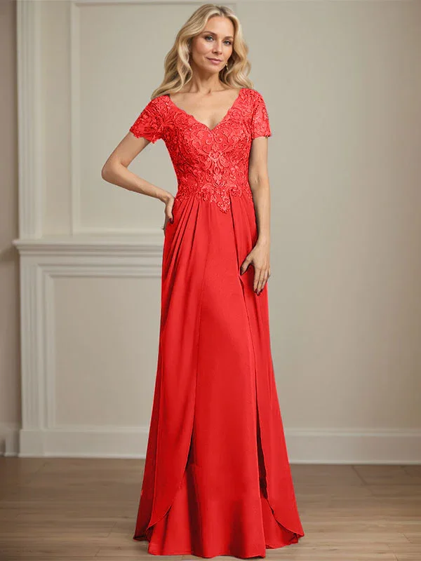 A-line V-Neck Floor-Length Chiffon Lace Mother of the Bride Dress - Image 38