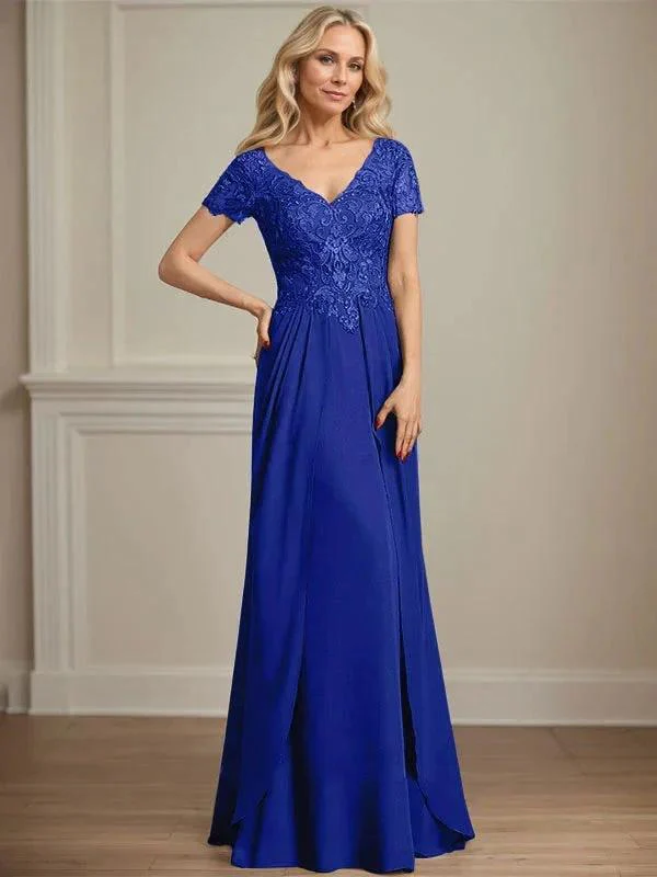 A-line V-Neck Floor-Length Chiffon Lace Mother of the Bride Dress - Image 39