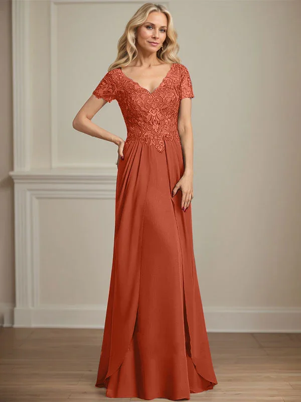 A-line V-Neck Floor-Length Chiffon Lace Mother of the Bride Dress - Image 40